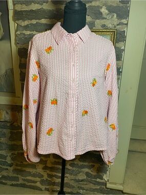 Anthropologie Pink Stripe Button-Down Shirt with Orange Embroidery